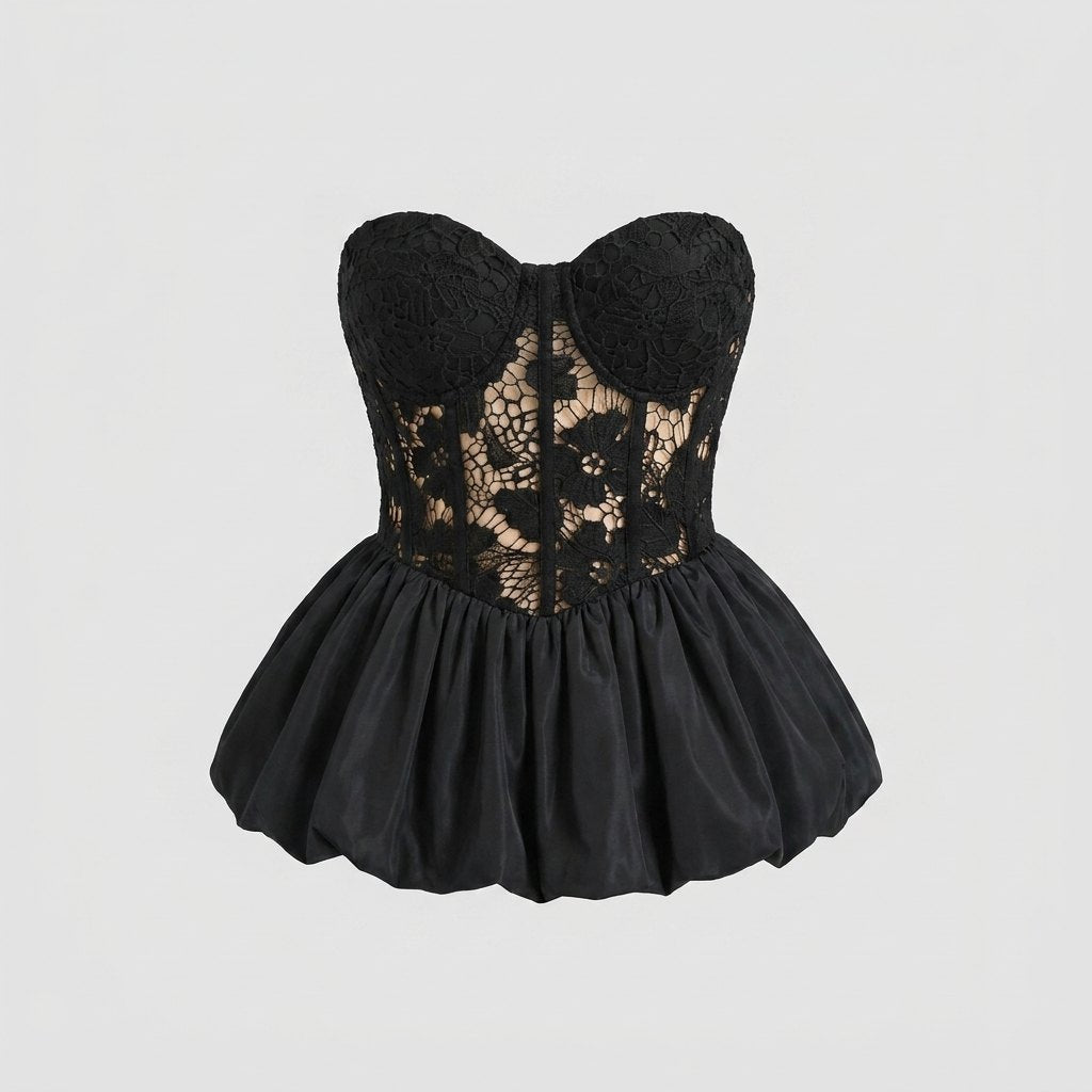 Luxe Corset Top | Lace Patchwork, Puff Hem Design