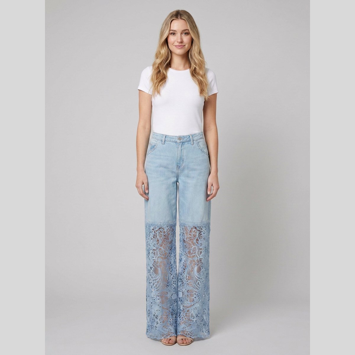 Luxe Wide Leg Jeans | Lightweight Denim with Lace Inserts