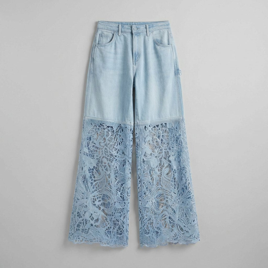 Luxe Wide Leg Jeans | Lightweight Denim with Lace Inserts