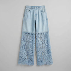 Luxe Wide Leg Jeans | Lightweight Denim with Lace Inserts