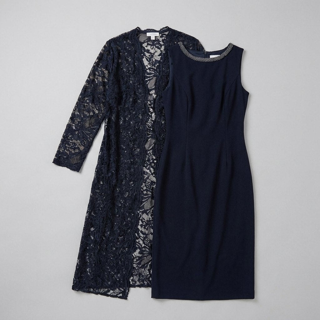 Maya Sheath Dress | Lace Duster Jacket, Beaded Neckline, Formal Wedding Guest Dress