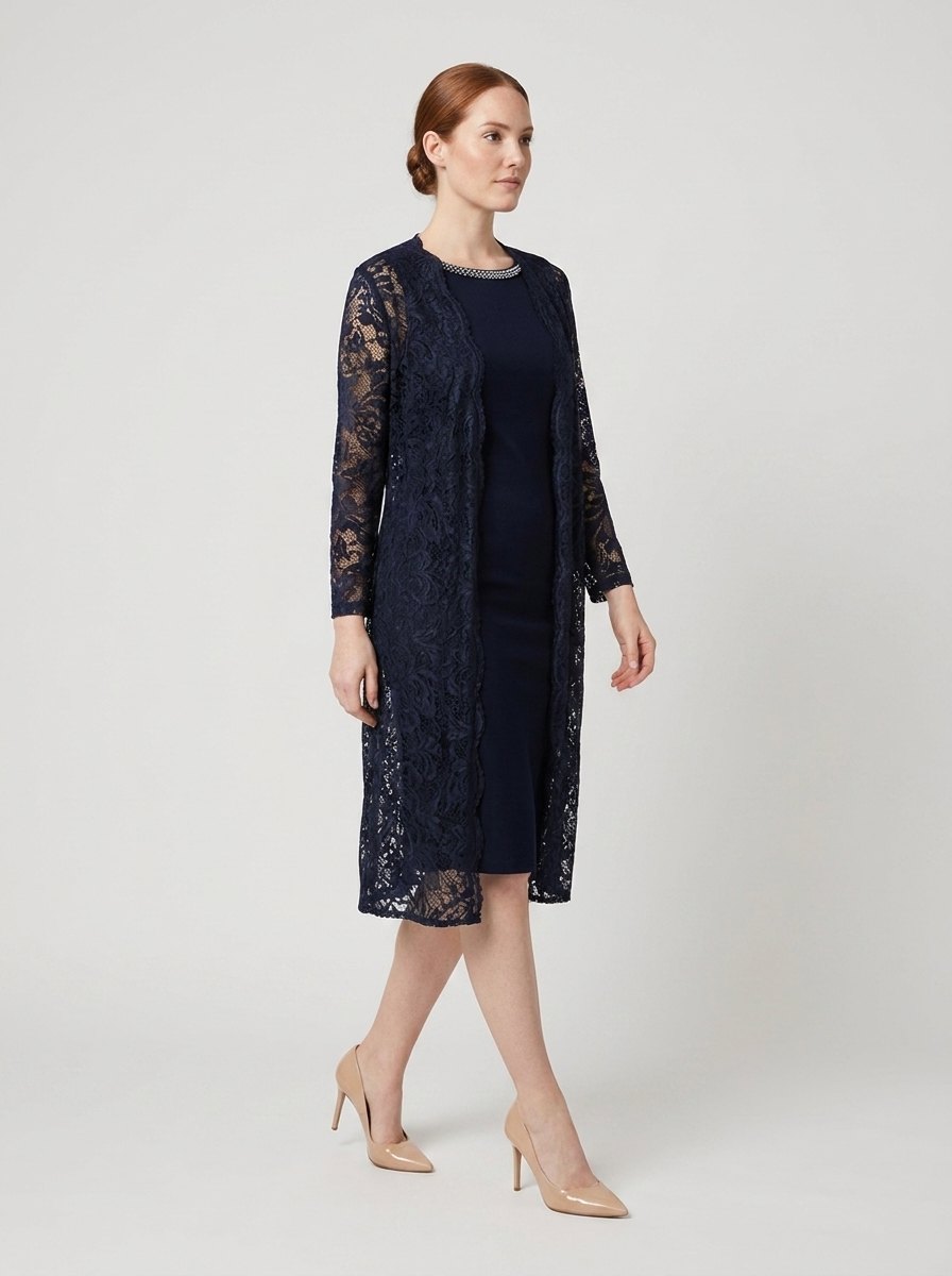 Maya Sheath Dress | Lace Duster Jacket, Beaded Neckline, Formal Wedding Guest Dress