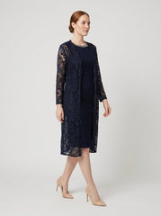 Maya Sheath Dress | Lace Duster Jacket, Beaded Neckline, Formal Wedding Guest Dress