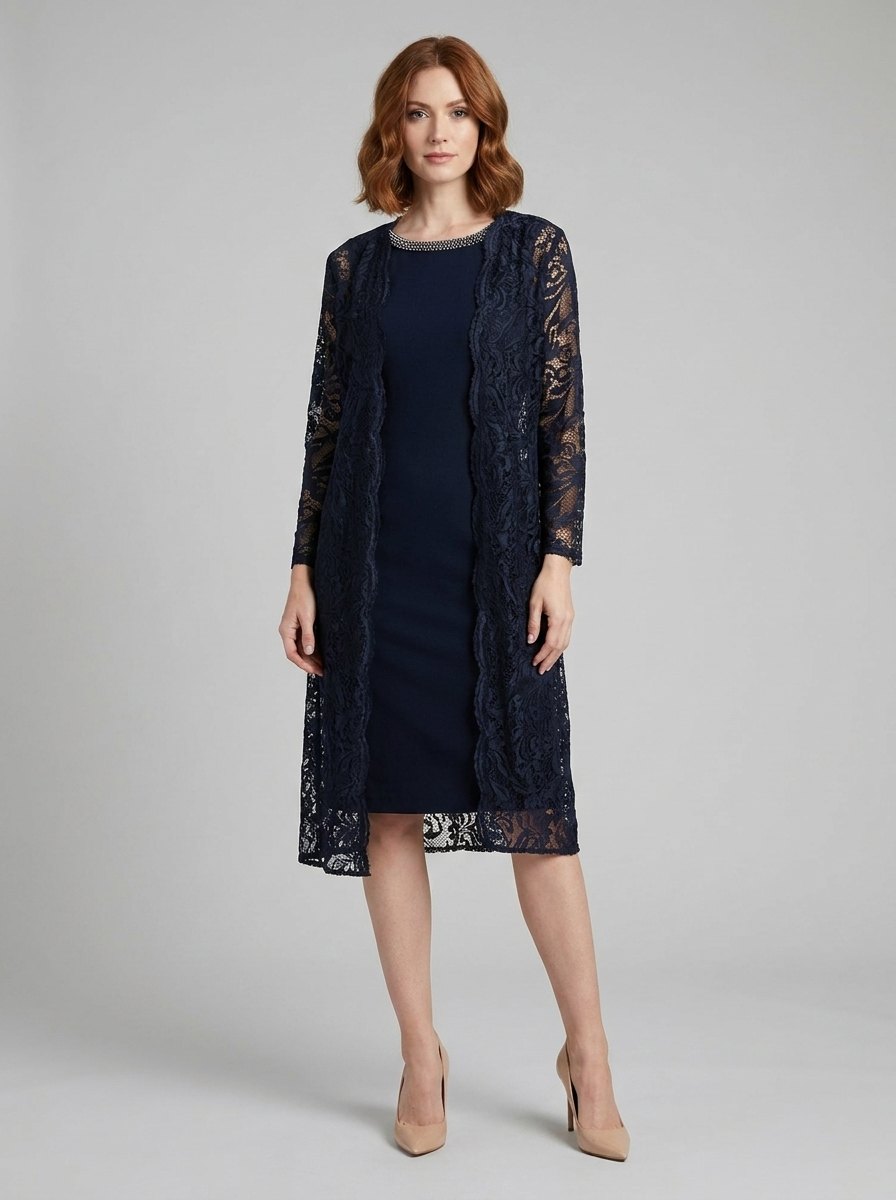 Maya Sheath Dress | Lace Duster Jacket, Beaded Neckline, Formal Wedding Guest Dress