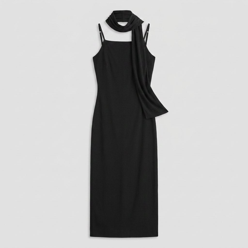 Mira | Black Midi Dress Slim Fit, Removable Scarf