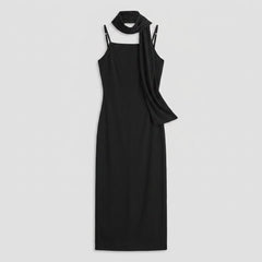 Mira | Black Midi Dress Slim Fit, Removable Scarf