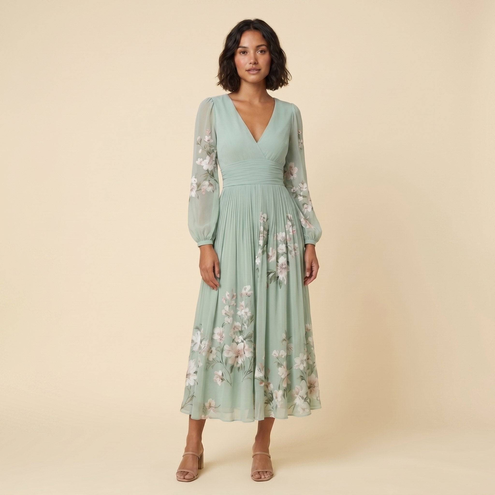 Mira | Floral Midi Dress Lightweight, Pleated Skirt for Women