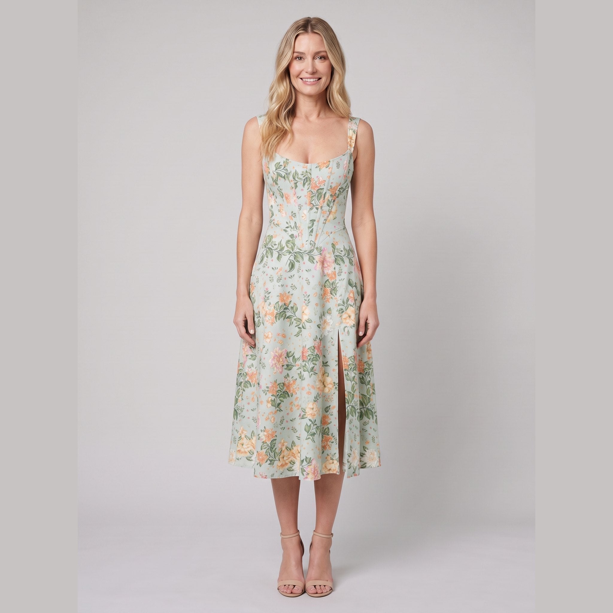 Mira Floral Midi Dress | Cotton, Corset-Inspired, High Slit, Wedding Guest & Summer Dresses