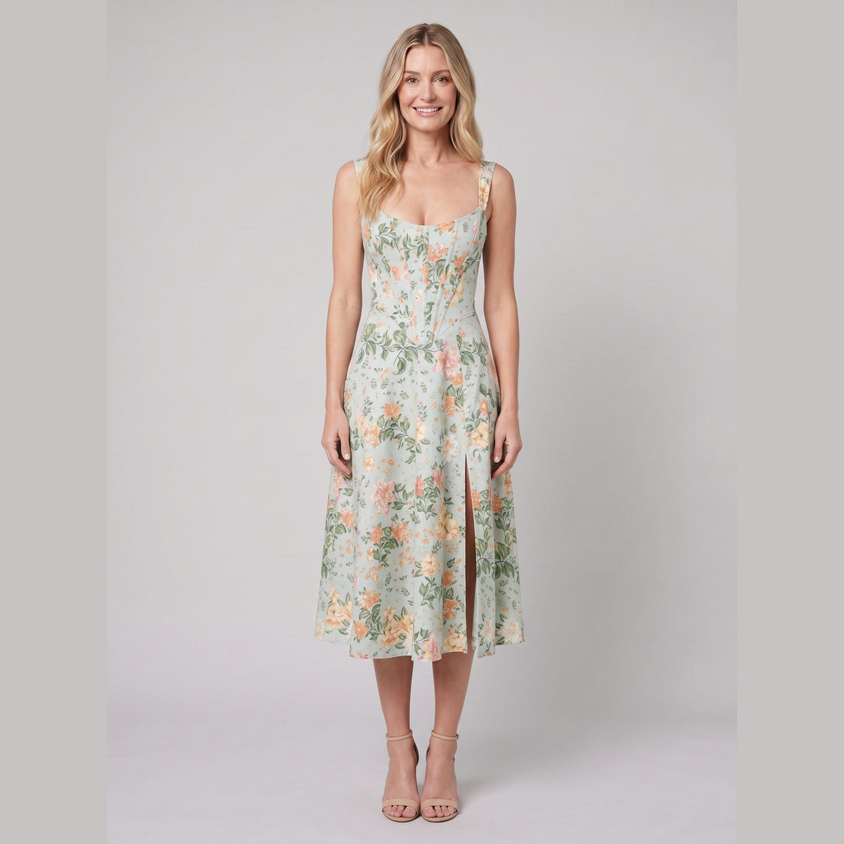Mira Floral Midi Dress | Cotton, Corset-Inspired, High Slit, Wedding Guest & Summer Dresses
