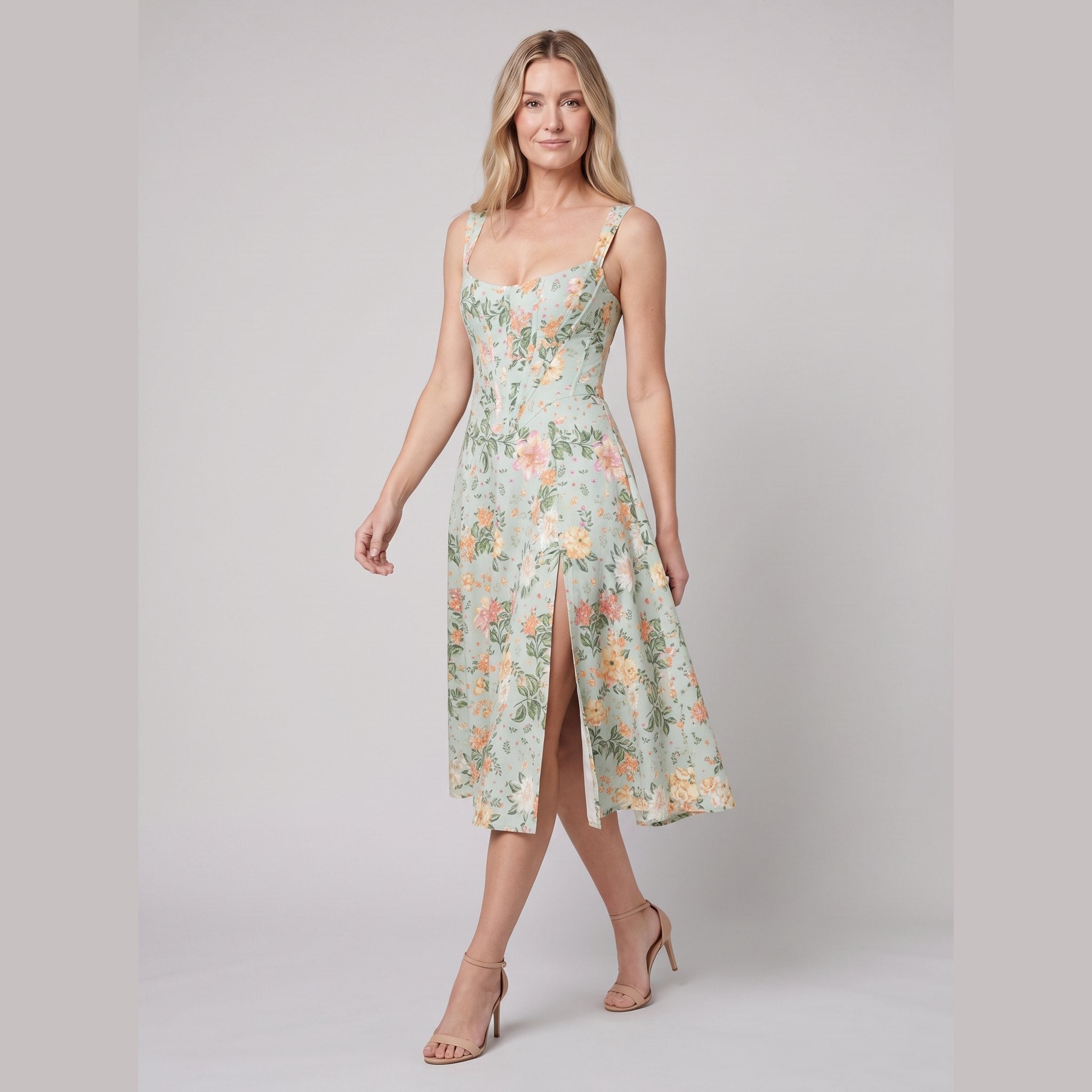 Mira Floral Midi Dress | Cotton, Corset-Inspired, High Slit, Wedding Guest & Summer Dresses