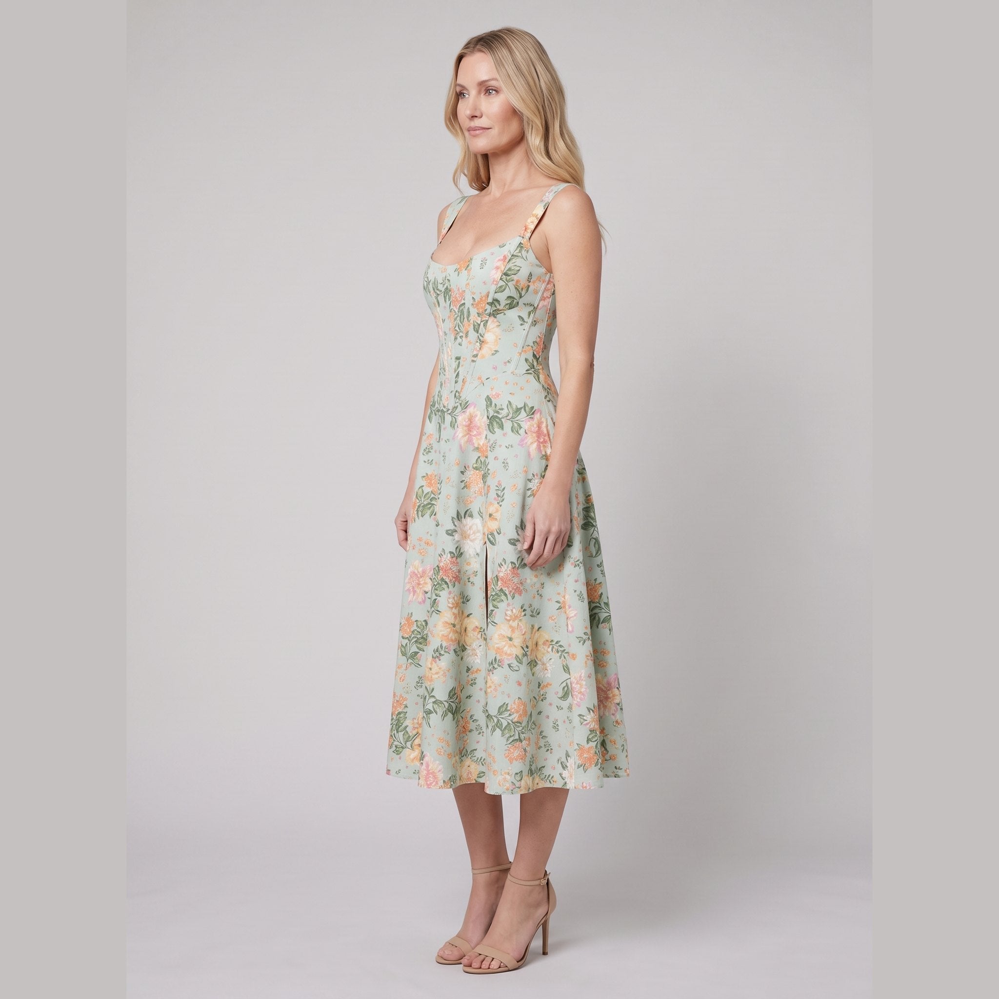 Mira Floral Midi Dress | Cotton, Corset-Inspired, High Slit, Wedding Guest & Summer Dresses