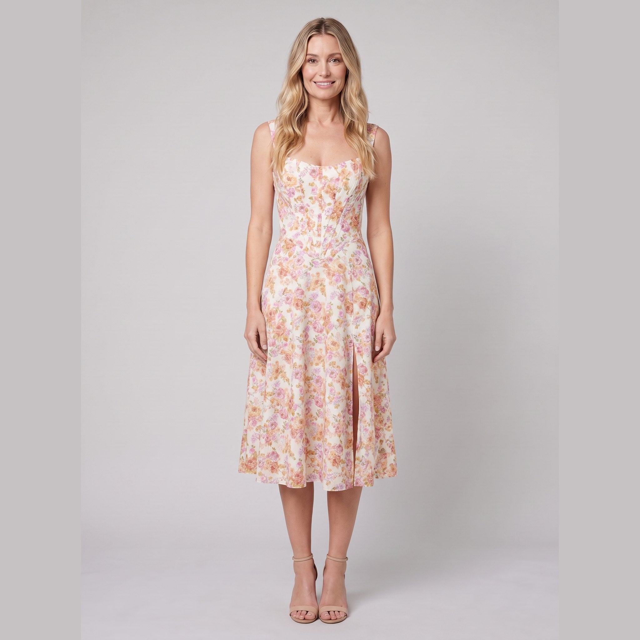 Mira Floral Midi Dress | Cotton, Corset-Inspired, High Slit, Wedding Guest & Summer Dresses