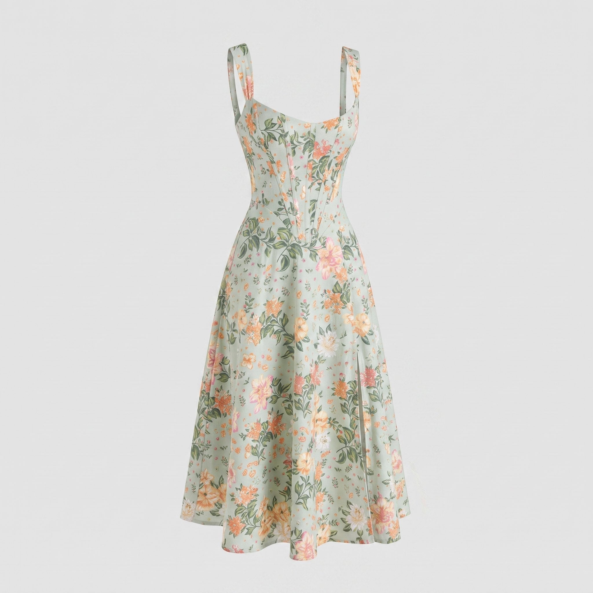 Mira Floral Midi Dress | Cotton, Corset-Inspired, High Slit, Wedding Guest & Summer Dresses