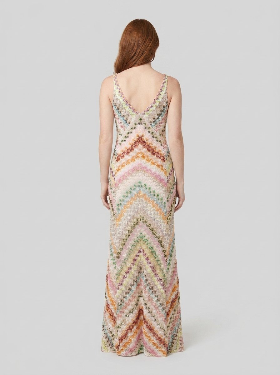 Mira | Maxi Dress Colorful Herringbone Knit, Ankle-Length V-Neck Summer Dress