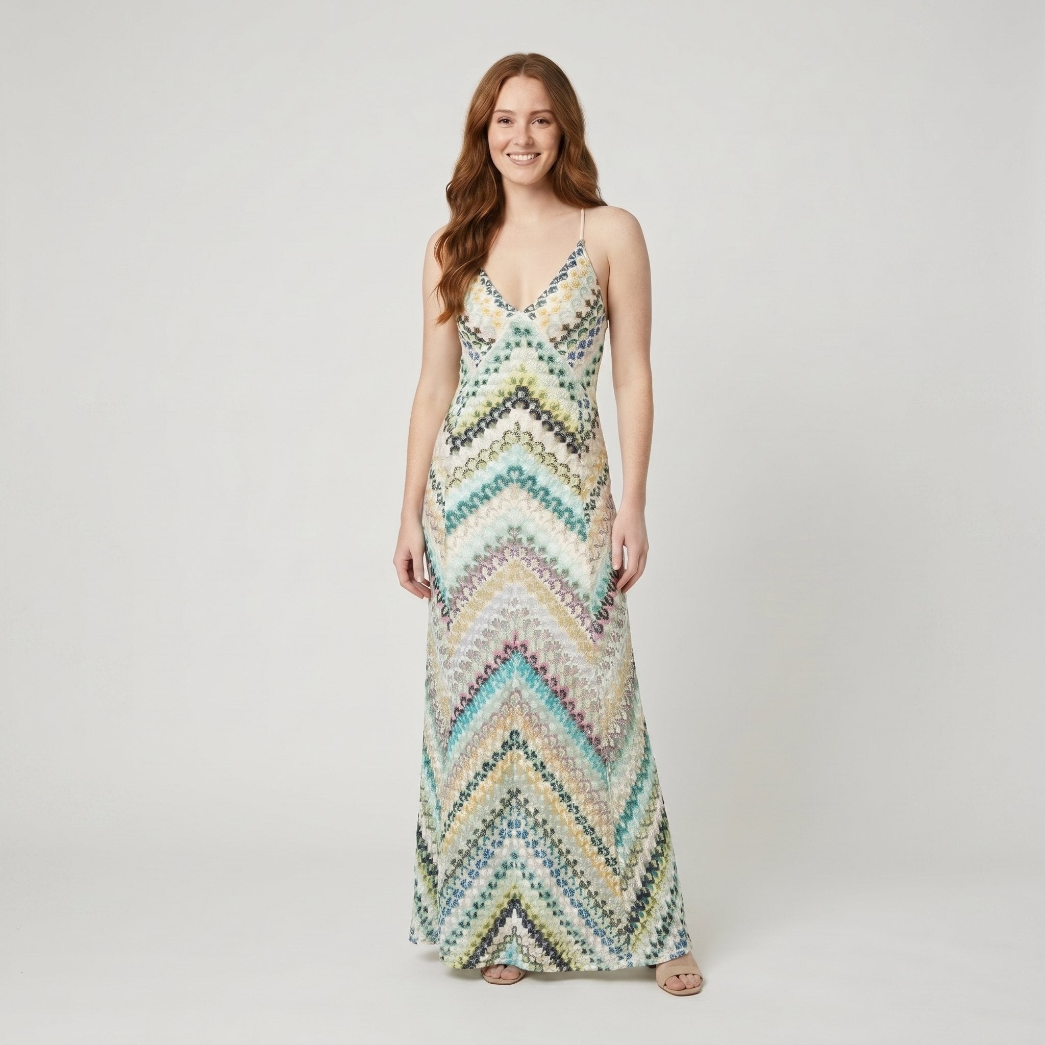 Mira | Maxi Dress Colorful Herringbone Knit, Ankle-Length V-Neck Summer Dress