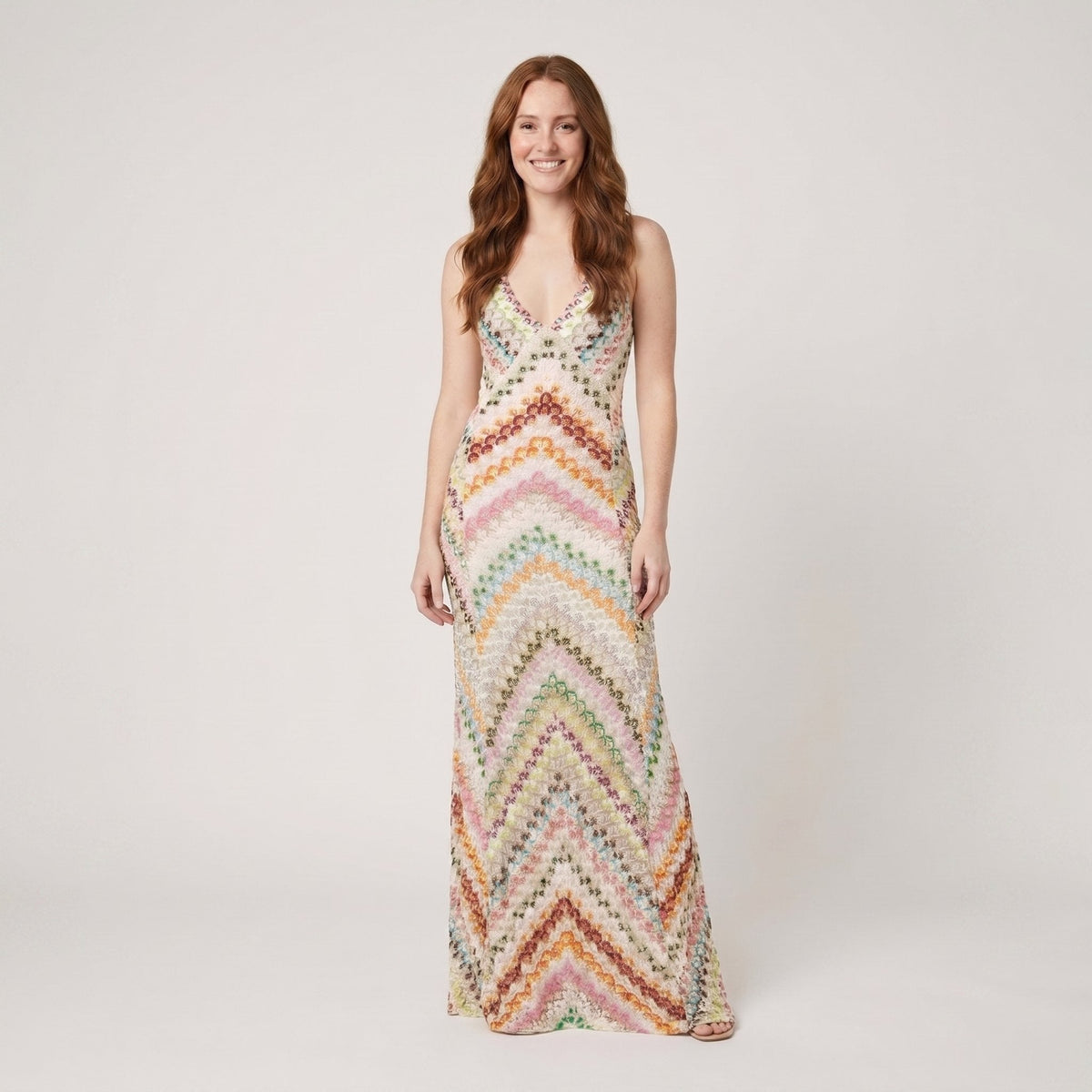 Mira | Maxi Dress Colorful Herringbone Knit, Ankle-Length V-Neck Summer Dress
