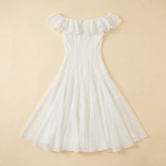 Mira | Off Shoulder Dress Ruched Chiffon Midi, Perfect for Weddings and Summer Events