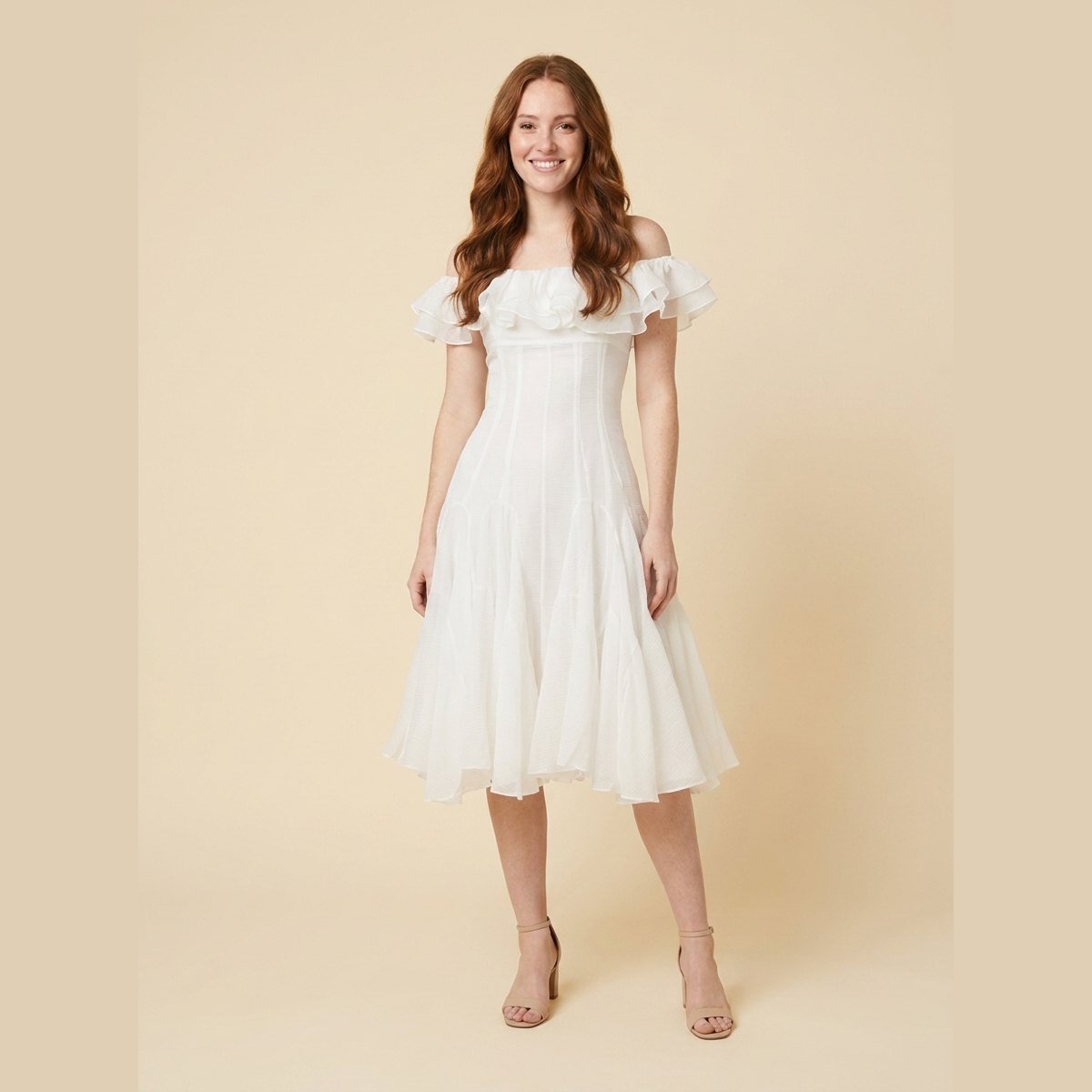 Mira | Off Shoulder Dress Ruched Chiffon Midi, Perfect for Weddings and Summer Events