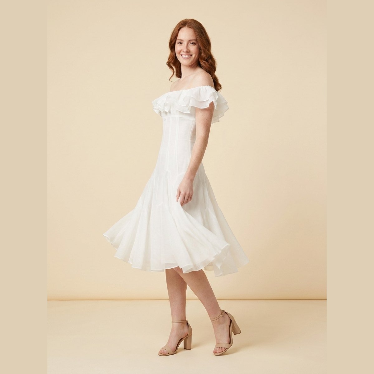 Mira | Off Shoulder Dress Ruched Chiffon Midi, Perfect for Weddings and Summer Events