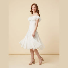 Mira | Off Shoulder Dress Ruched Chiffon Midi, Perfect for Weddings and Summer Events