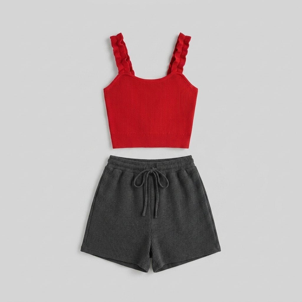 Mira | Women's Set Ribbed Knit Loungewear with Adjustable Drawstring Skort