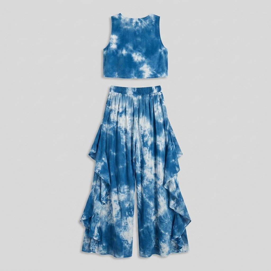 Mira | Women's Set Tie-Dye Loungewear, Sleeveless Blouse & Ruffled Wide-Leg Pants