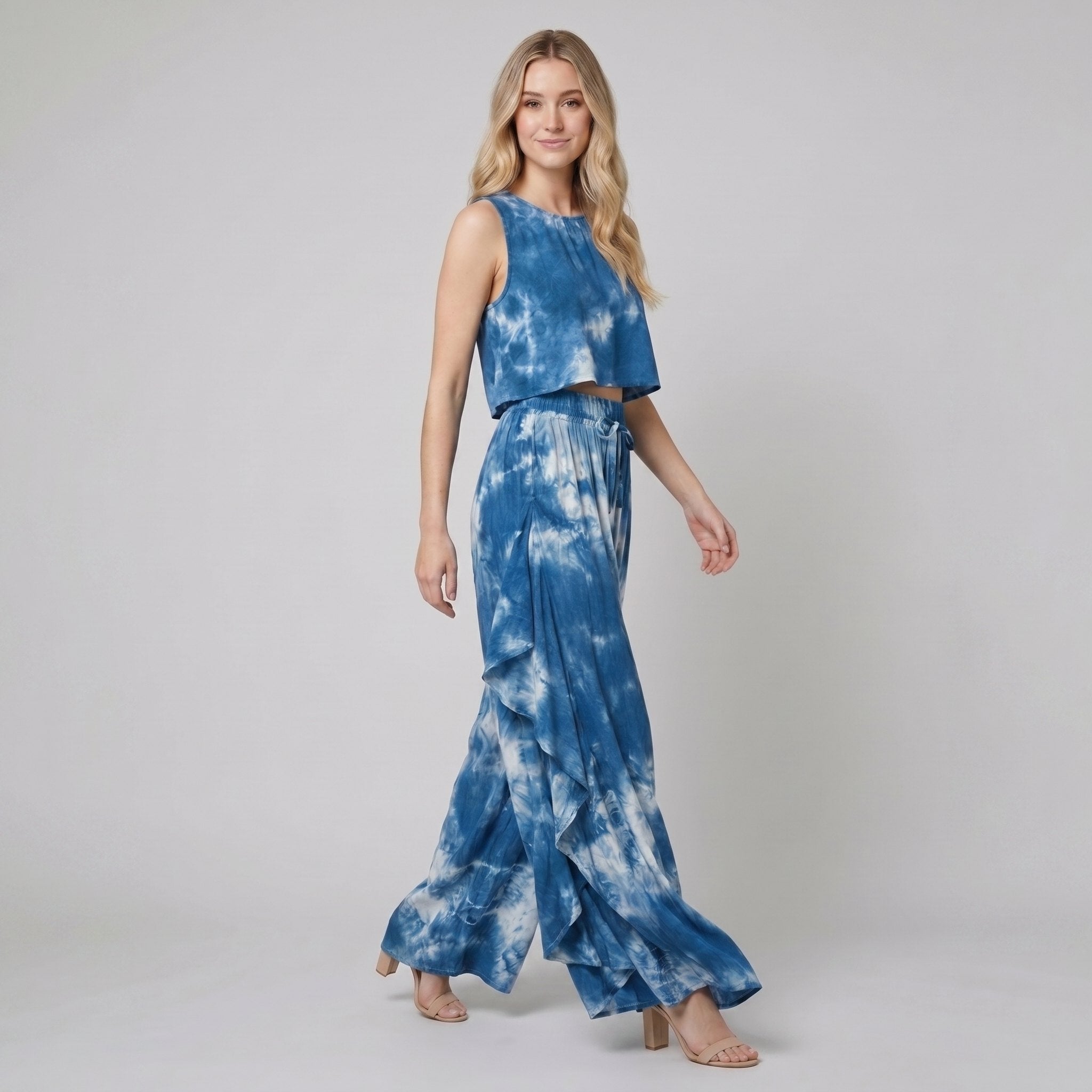 Mira | Women's Set Tie-Dye Loungewear, Sleeveless Blouse & Ruffled Wide-Leg Pants