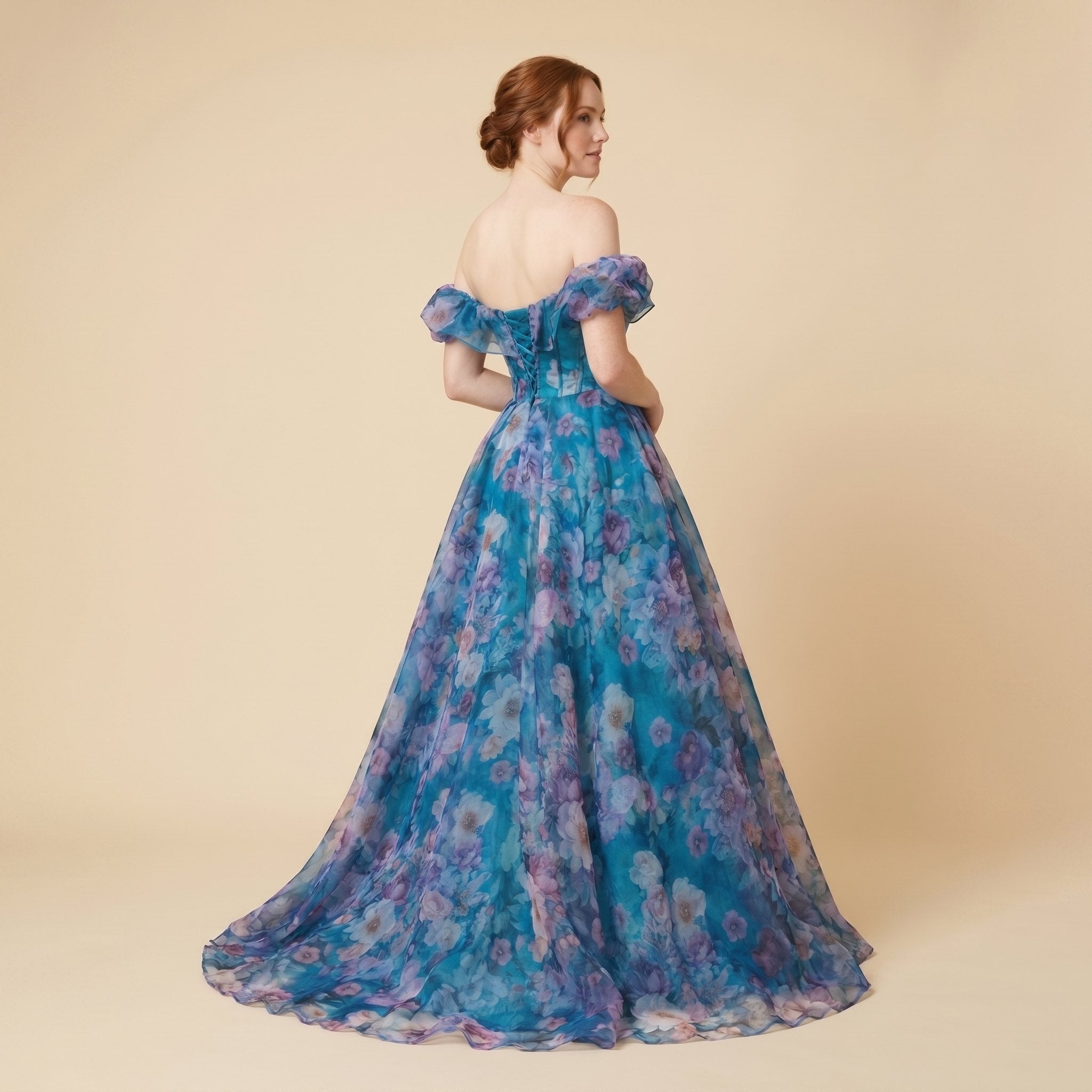 Naiad | Gown Translucent Turquoise Organza, Corseted Bodice, Formal Dress for Wedding Guests