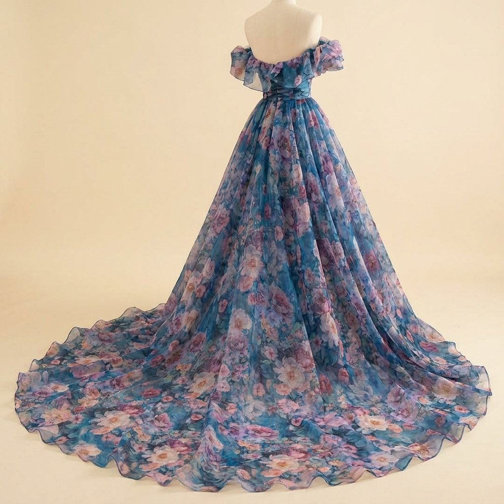 Naiad | Gown Translucent Turquoise Organza, Corseted Bodice, Formal Dress for Wedding Guests
