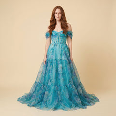 Naiad | Gown Translucent Turquoise Organza, Corseted Bodice, Formal Dress for Wedding Guests