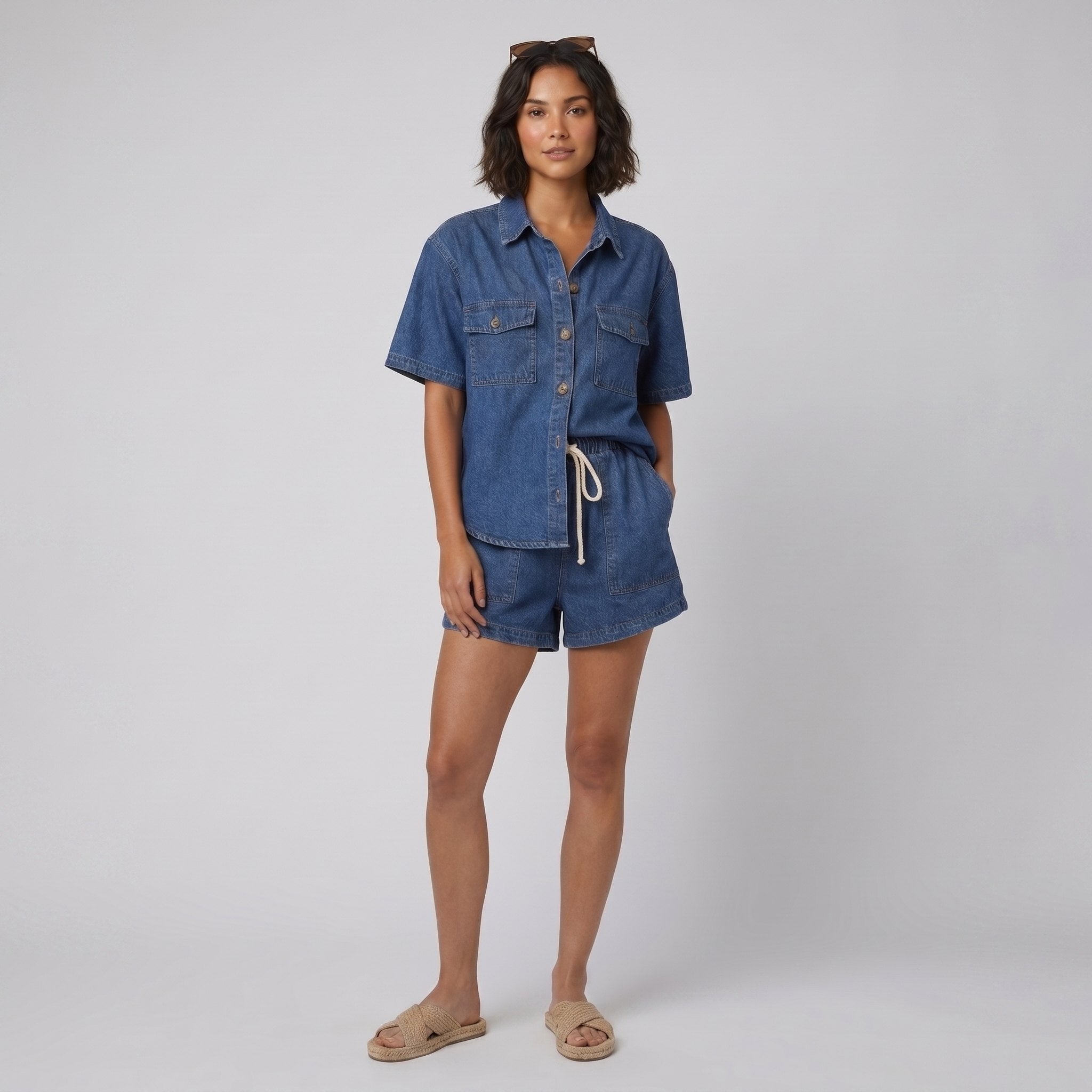 Olivia | Women's Set Organic Cotton Blend, Button-Down Top & Drawstring Shorts