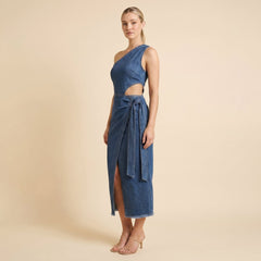 Onda | Women's Dress One-Shoulder Denim Midi, Regular Fit