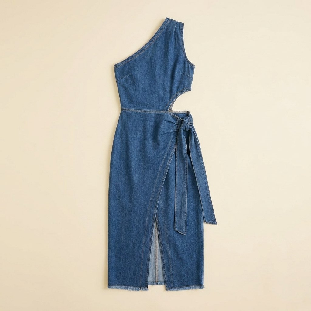 Onda | Women's Dress One-Shoulder Denim Midi, Regular Fit