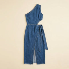 Onda | Women's Dress One-Shoulder Denim Midi, Regular Fit