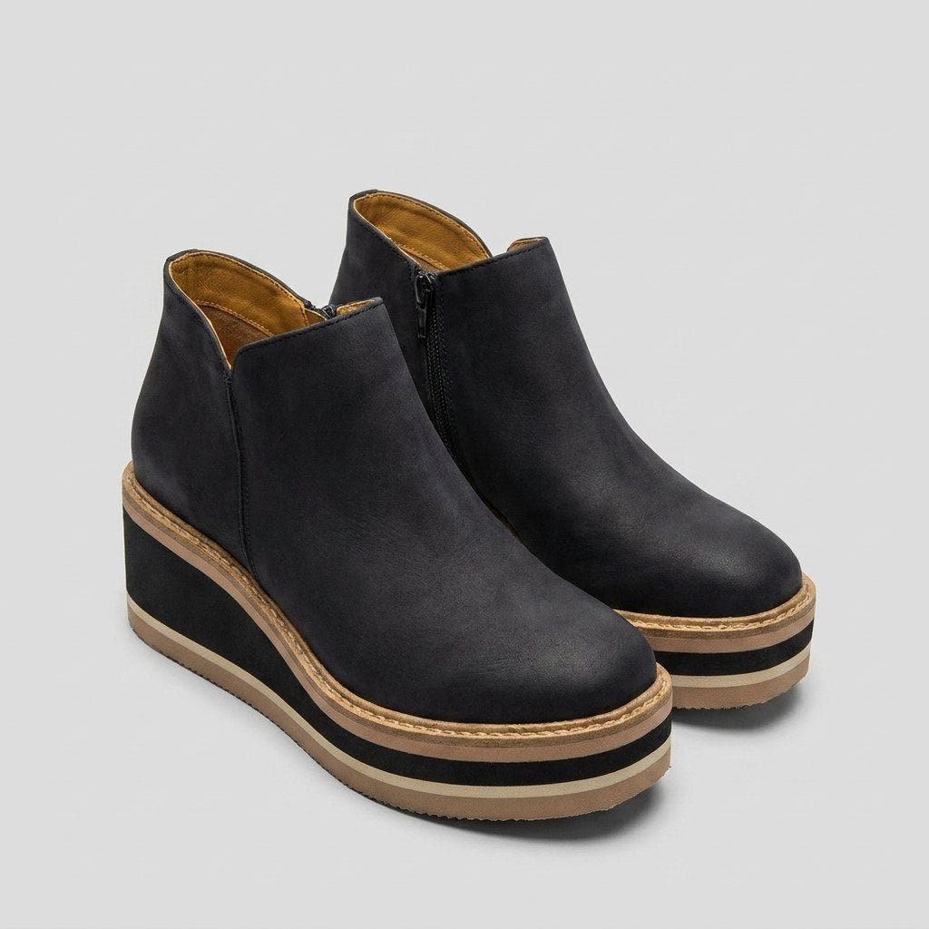 Pinnacle | Black Ankle Boots Stylish PU Leather, Comfortable Wedge Design