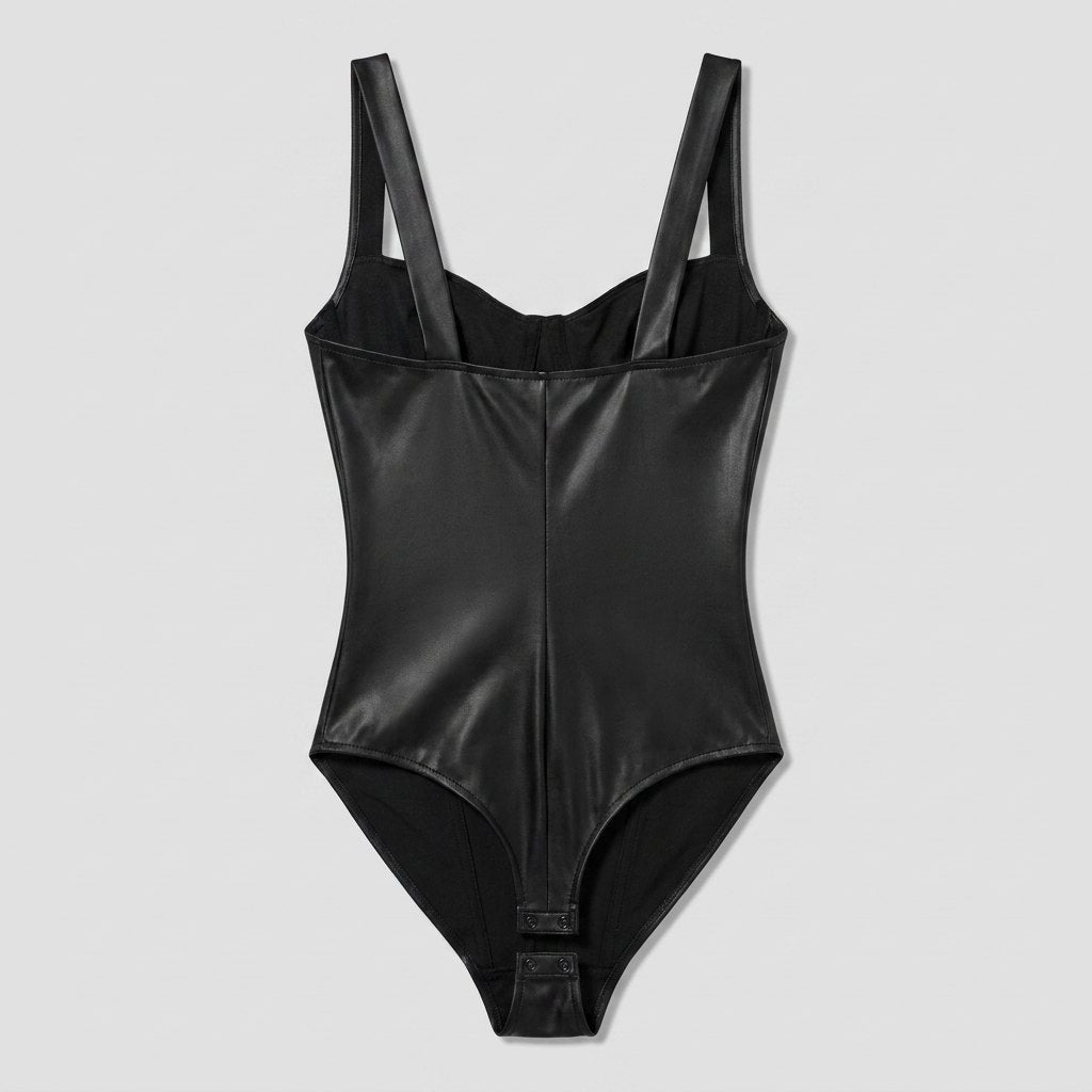 Pulse | Black Bodysuit Faux Leather, Lace Accents, Built-in Shapewear