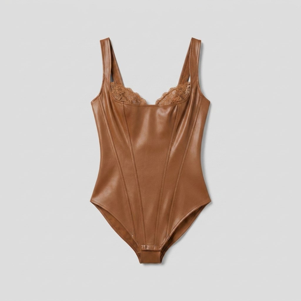 Pulse | Black Bodysuit Faux Leather, Lace Accents, Built-in Shapewear