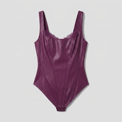 Pulse | Black Bodysuit Faux Leather, Lace Accents, Built-in Shapewear