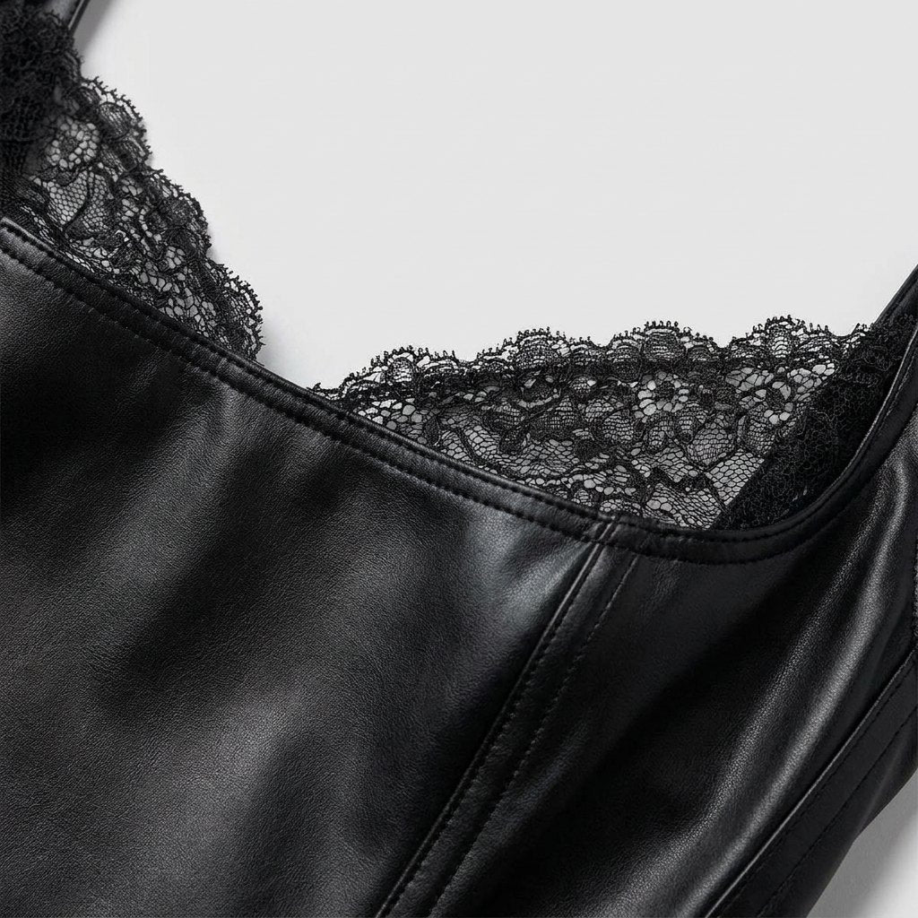 Pulse | Black Bodysuit Faux Leather, Lace Accents, Built-in Shapewear