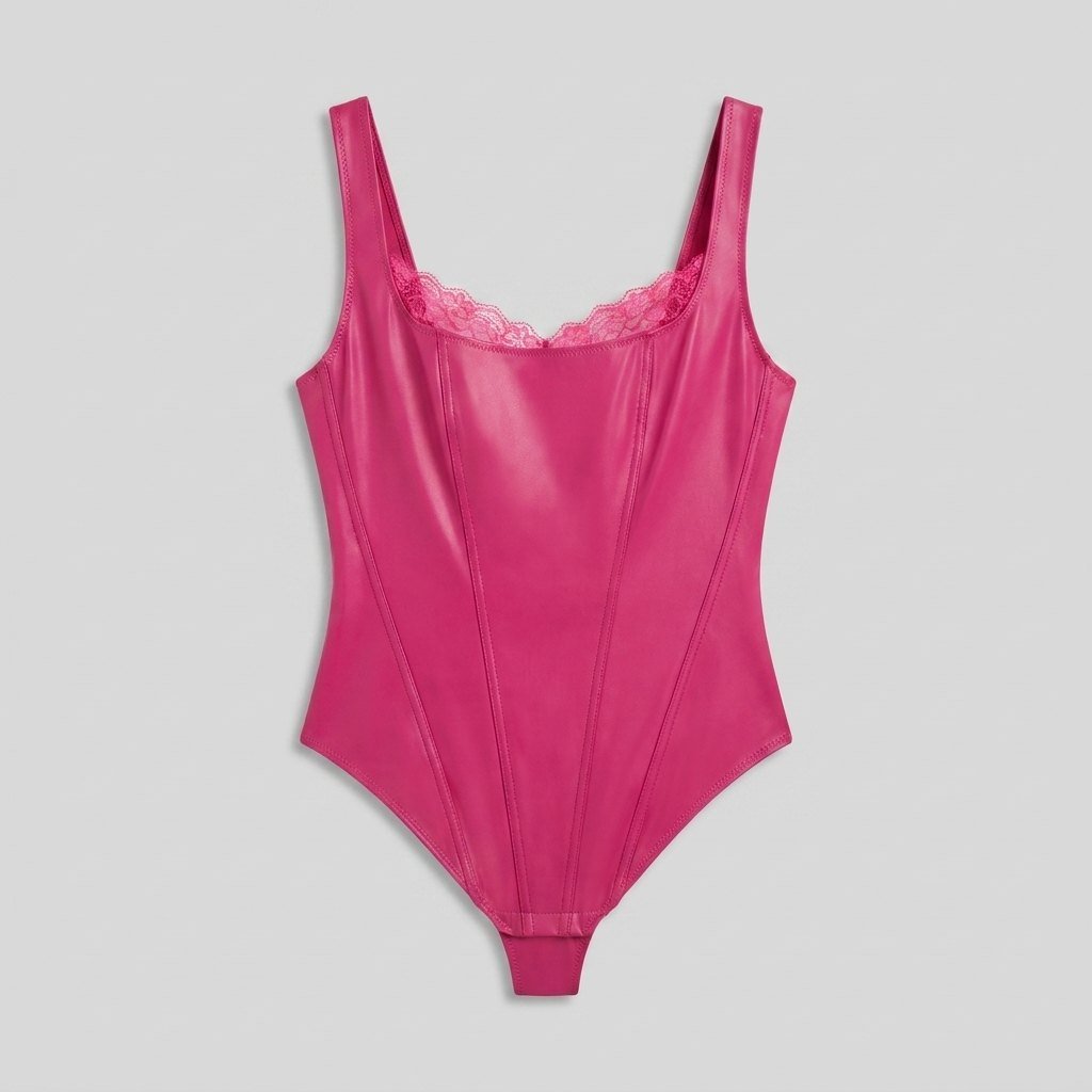 Pulse | Black Bodysuit Faux Leather, Lace Accents, Built-in Shapewear