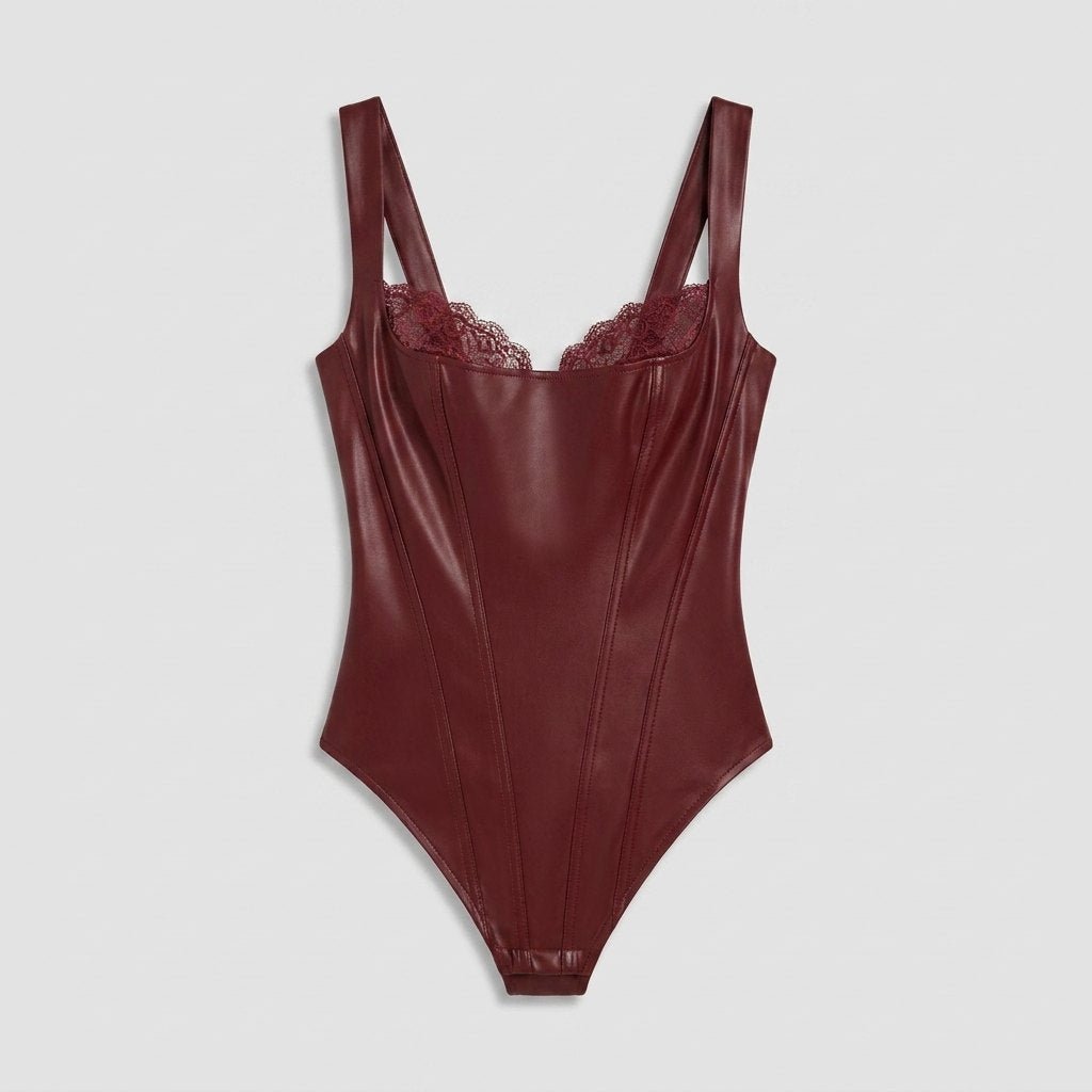 Pulse | Black Bodysuit Faux Leather, Lace Accents, Built-in Shapewear