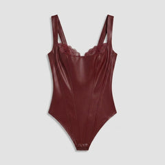 Pulse | Black Bodysuit Faux Leather, Lace Accents, Built-in Shapewear