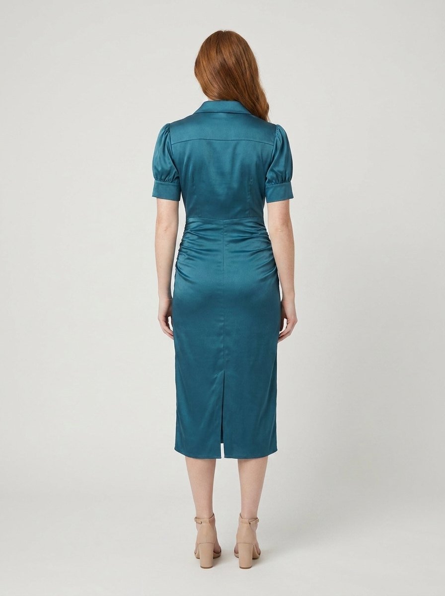 Ravine | Midi Dress Satin, Ruched Design for Wedding Guests and Cocktail Events