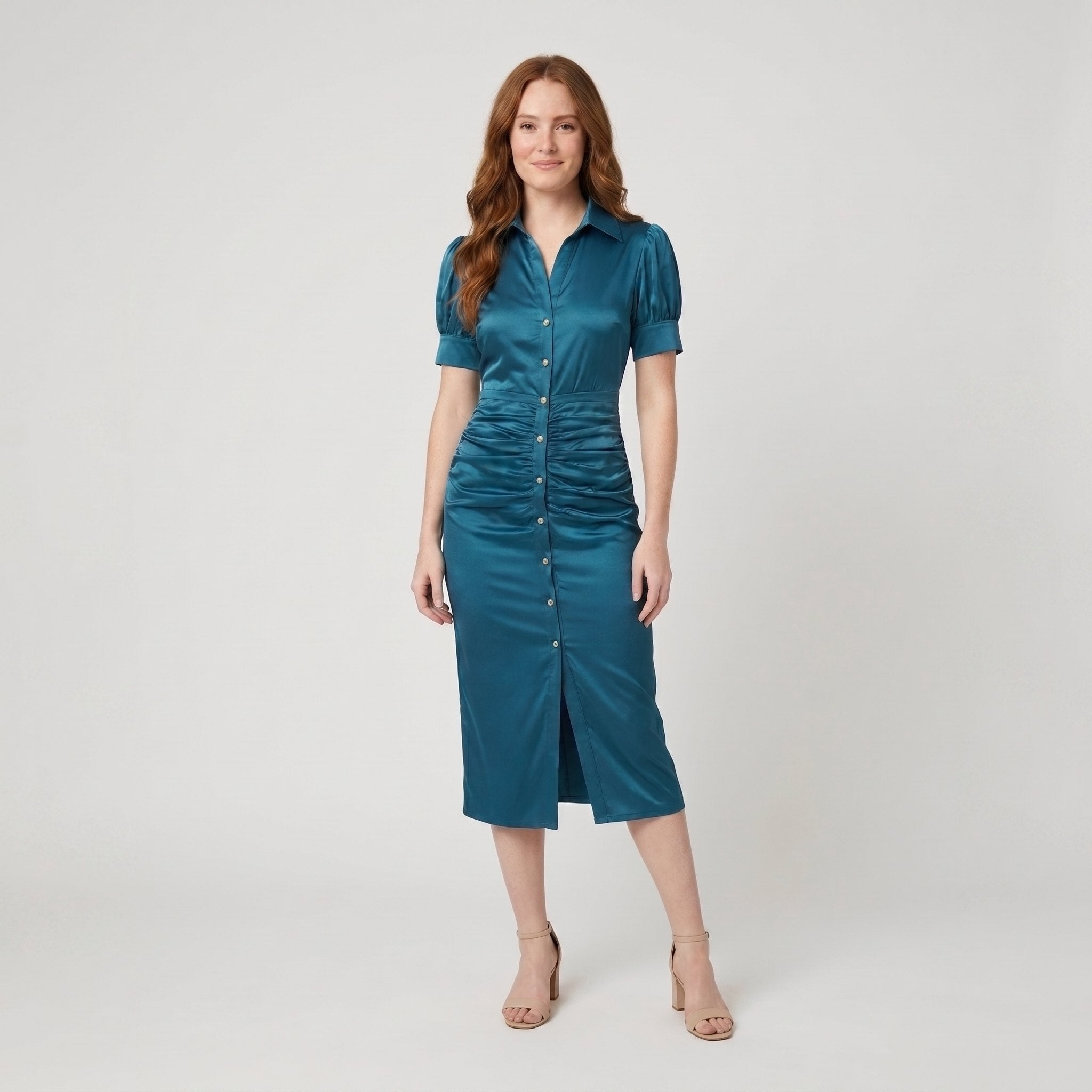 Ravine | Midi Dress Satin, Ruched Design for Wedding Guests and Cocktail Events