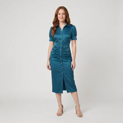 Ravine | Midi Dress Satin, Ruched Design for Wedding Guests and Cocktail Events