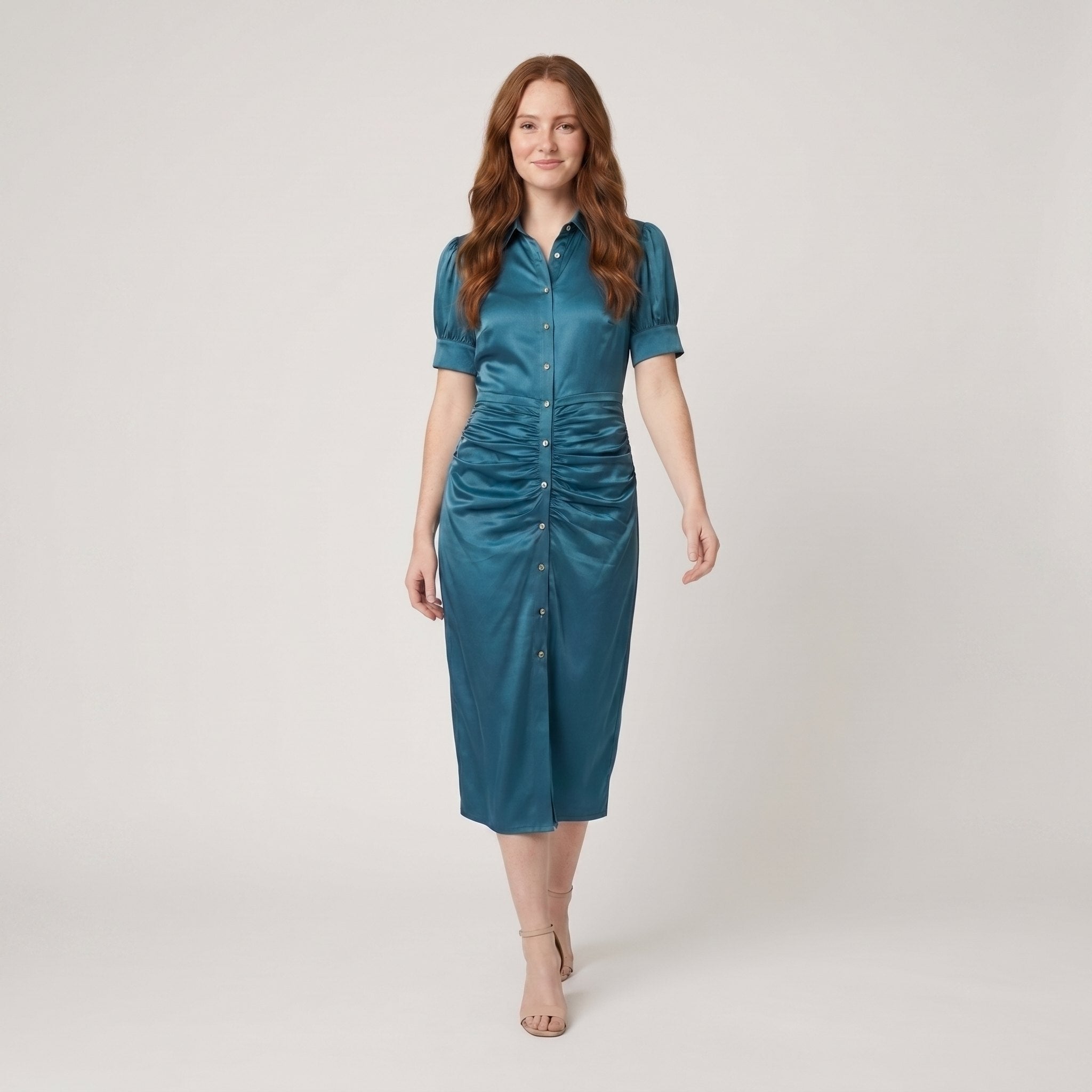 Ravine | Midi Dress Satin, Ruched Design for Wedding Guests and Cocktail Events