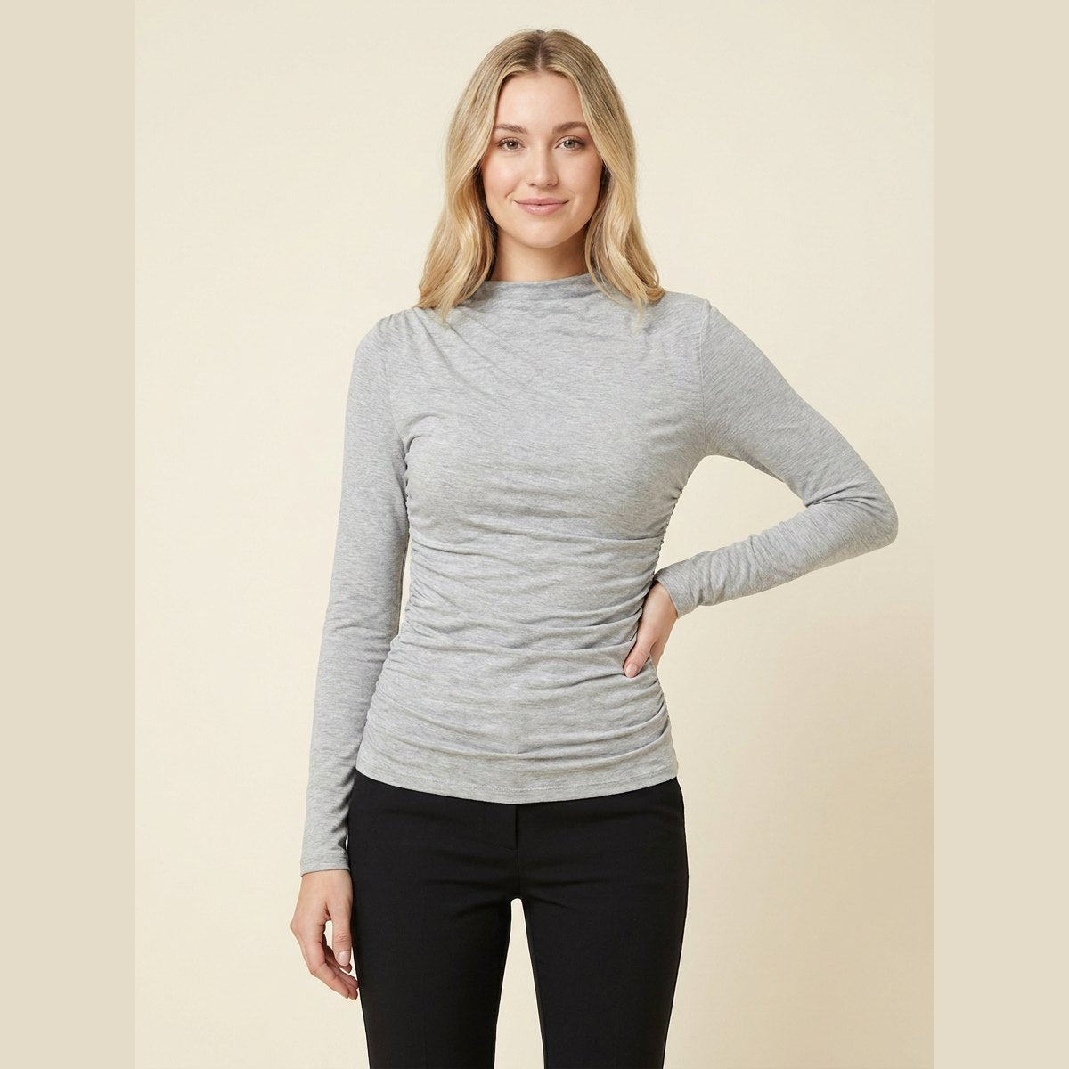 Ravishing Black Long Sleeve Shirt | High Stretch Jersey, Ruching Detail