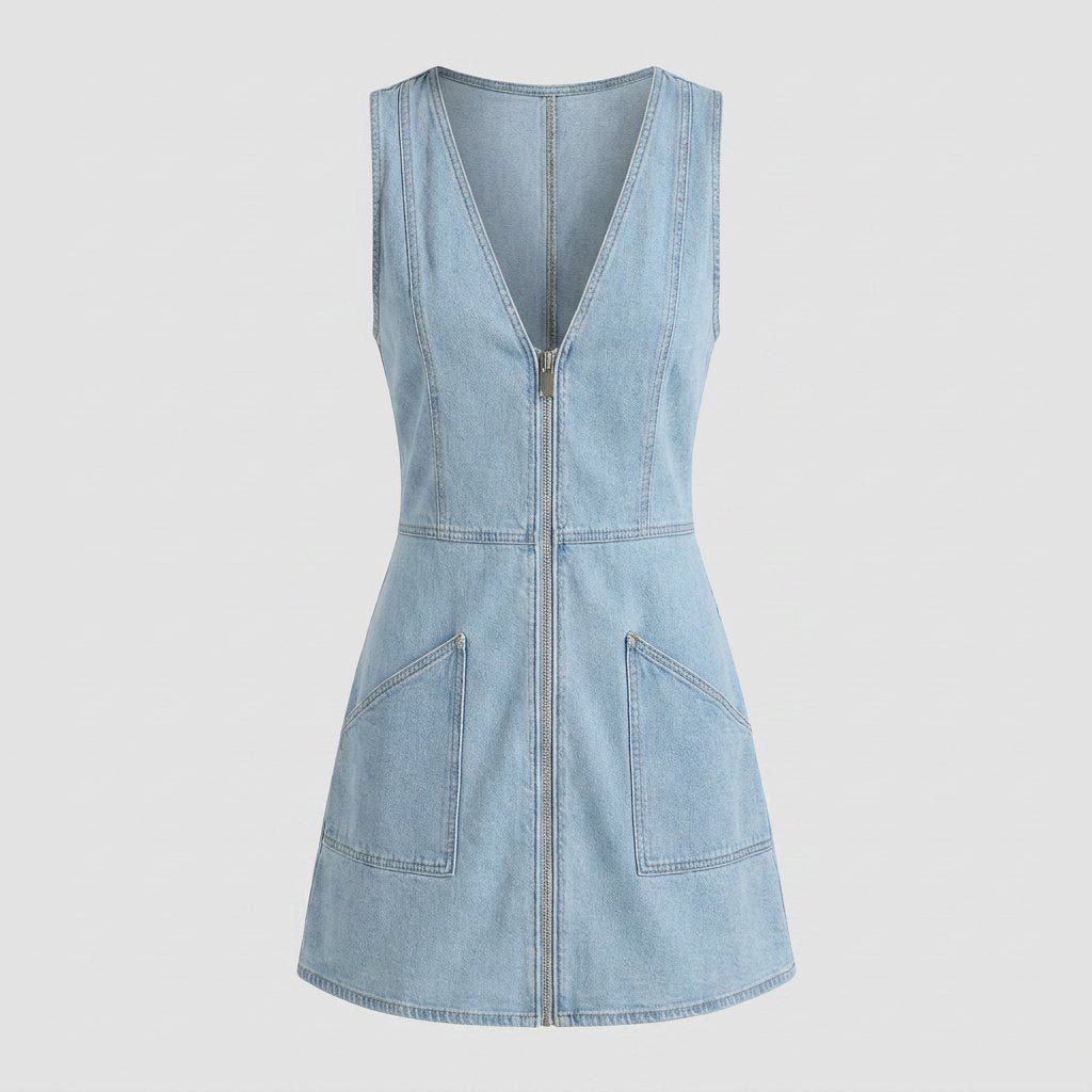Rela | Denim Dress Vintage Light Blue, Mini Length, Double-Pocket Design