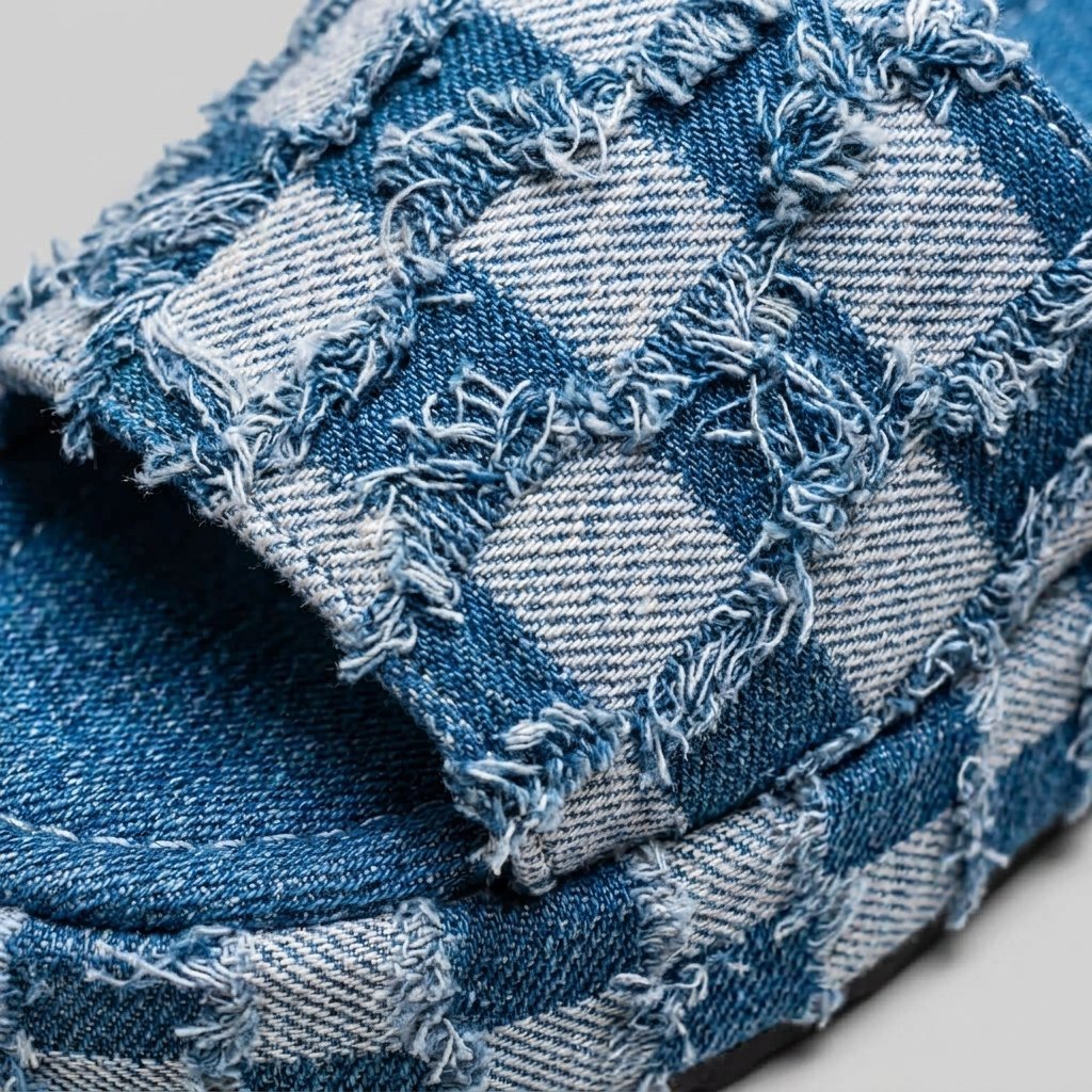 Riley | Denim Slides Organic Cotton, Checkerboard Pattern