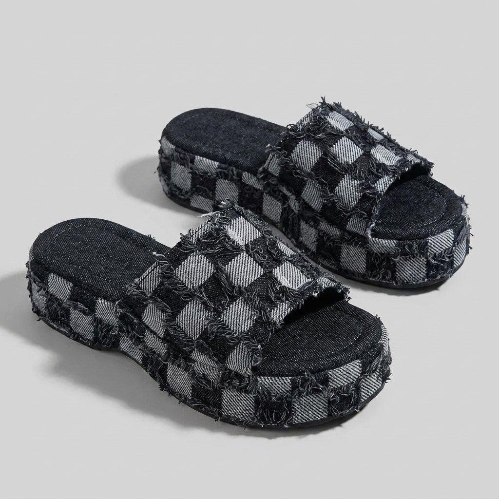 Riley | Denim Slides Organic Cotton, Checkerboard Pattern